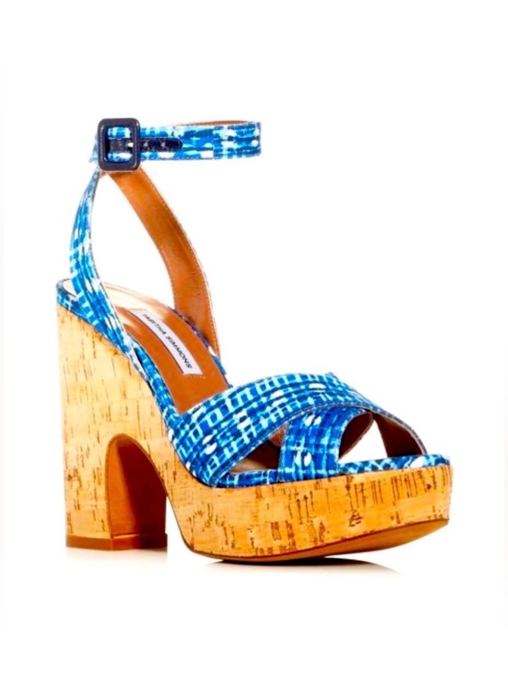 NWT TABITHA SIMMONS Italy Elena Blue Plaid Cork Platform Sandal 6.5 MSRP $700